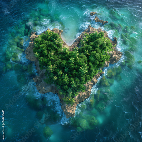 A heart shaped island with palm trees and rocks