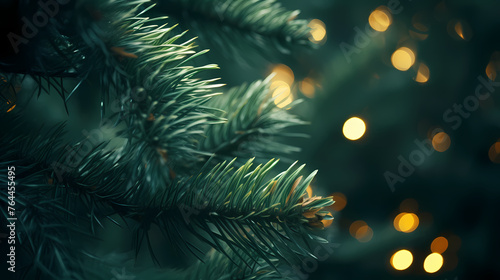 Christmas tree branches with bokeh lights on blurred background