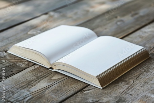 Elegant Open Blank White Book Mockup on Wooden Table: Clean, Minimal Background for High-Resolution Design Projects and Presentations photo