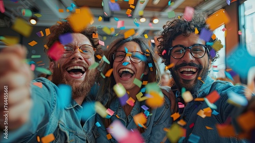 happy diverse employees team celebrating success business achievement among confetti in modern office business success concept  photo