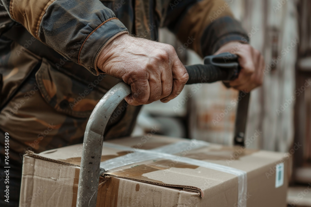 A close-up shot of a mover hands, gripping the handles of a dolly loaded with boxes. A close-up shot of a mover hands, gripping the handles of a dolly loaded with boxes.