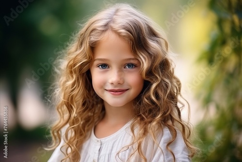 Portrait of a beautiful little girl with long blond curly hair outdoors