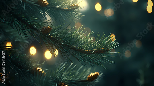 Christmas tree branches with bokeh lights on blurred background