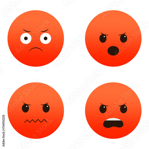 Set of angry emojis. Red faces showing frustration. Variety of displeased expressions. Vector illustration. EPS 10.