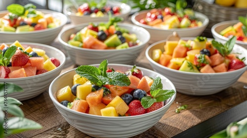 Fresh and Colorful Fruit Salad with Honey Drizzle and Mint Leaves Vibrant Seasonal Produce Arranged on a Brunch Buffet © laliz