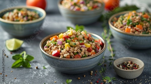 Wholesome Grain Salads Nutritious Farro Barley and Freekeh with Roasted Vegetables in Natural Light Healthy Eating and Wellness Concept photo