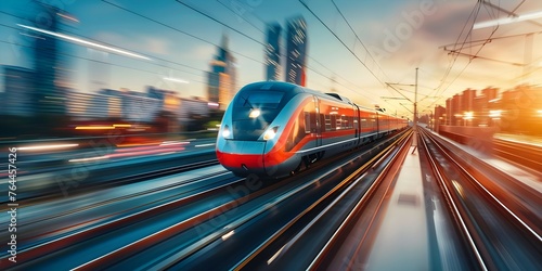 Effortlessly blending technology with urban vibrancy: High-speed train zips through cityscape. Concept Technology, Urban, High-speed train, Cityscape, Vibrant photo