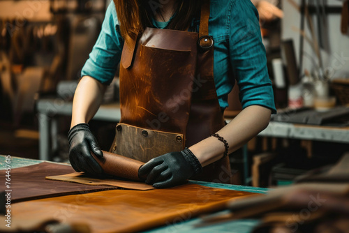 Craftswoman creating leather product in workshop wearing apron and gloves