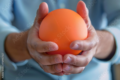 A close-up shot of an office worker hands, holding a stress ball during a short fitness break.