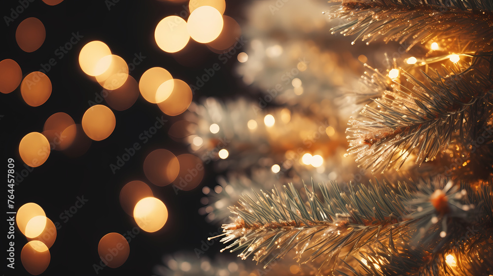 Christmas tree branches with bokeh lights on blurred background Christmas tree branches with bokeh lights on blurred background