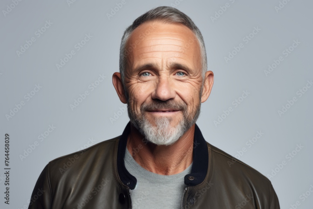 Happy mature man in leather jacket. Isolated on grey background. Happy mature man in leather jacket. Isolated on grey background.