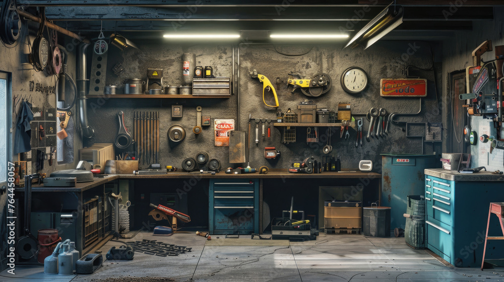 Garage Interior,  Interior Garage Scene with Mechanic Tools