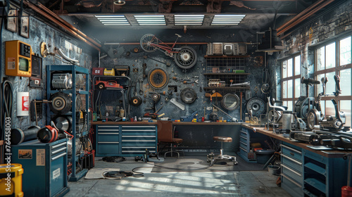 Garage Interior   Interior Garage Scene with Mechanic Tools