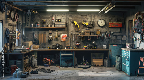 Garage Interior,  Interior Garage Scene with Mechanic Tools photo
