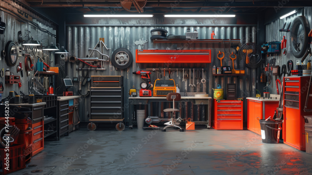 Fototapeta premium Garage Interior, Interior Garage Scene with Mechanic Tools