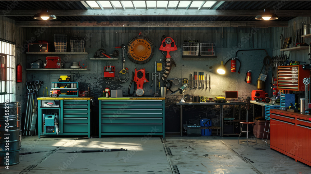 Garage Interior,  Interior Garage Scene with Mechanic Tools - obrazy, fototapety, plakaty 