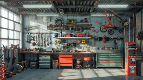 Garage Interior,  Interior Garage Scene with Mechanic Tools photo