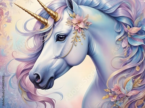 Whimsically enchanting unicorn, every stroke brims with magic and wonder: its mane cascading in shimmering pastel hues, its horn gleaming with an ethereal glow Generative AI
