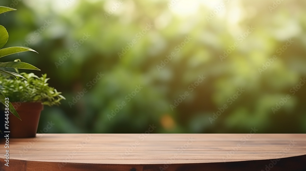 wooden table background with blur window see through
