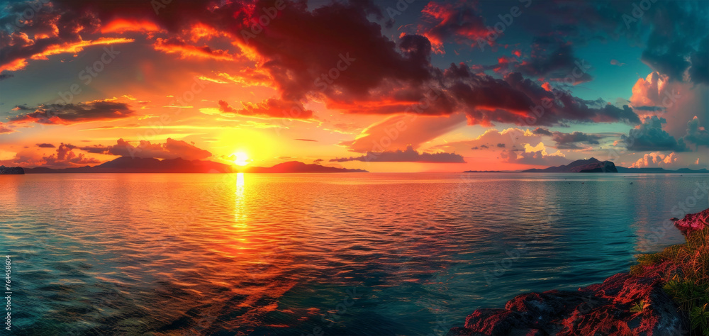 Fototapeta premium Sea Sunset Panorama: Tranquil Ocean Horizon 