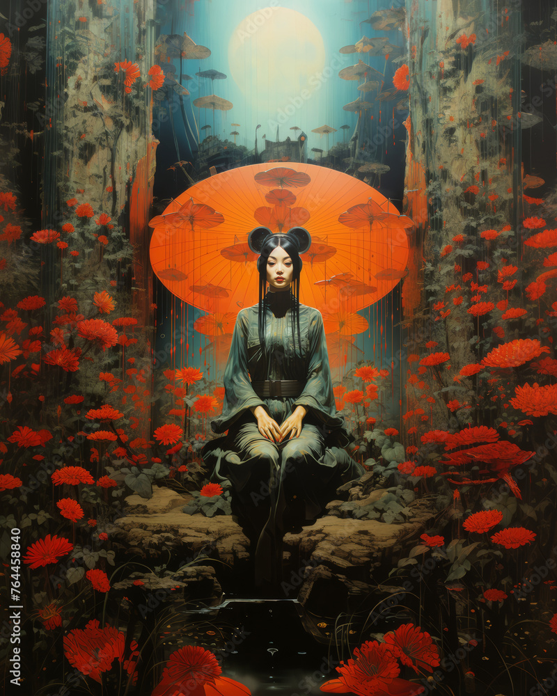 Enigmatic woman seated under a large orange parasol surrounded by red flowers.