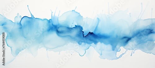 A detailed view of a painting created with shades of blue watercolors on a plain white background