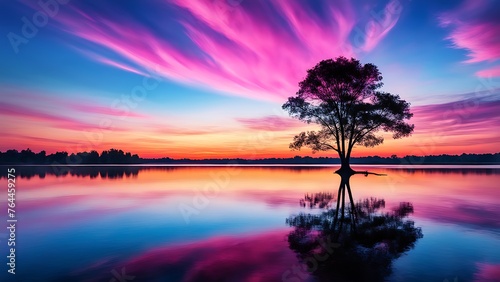 A solitary tree stands by a serene lake at sunset, colors of pink and blue painting the sky.