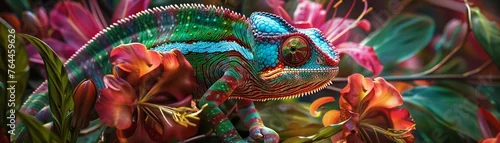 Fototapeta A camouflaged chameleon changing colors among tropical flowers