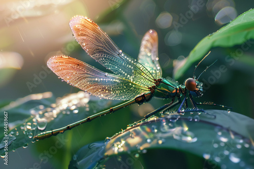 A close-up of a dragonfly cyborg resting on a dew-covered leaf © Puckung