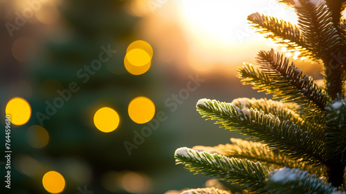 Christmas background with pine branches and bokeh lights