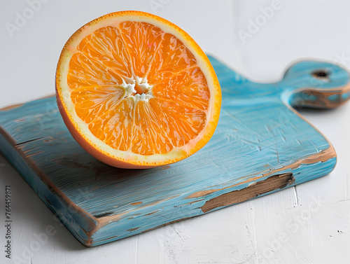 In a brightly lit, minimalist setting, a freshly cut orange half sits on a matte blue cutting board.