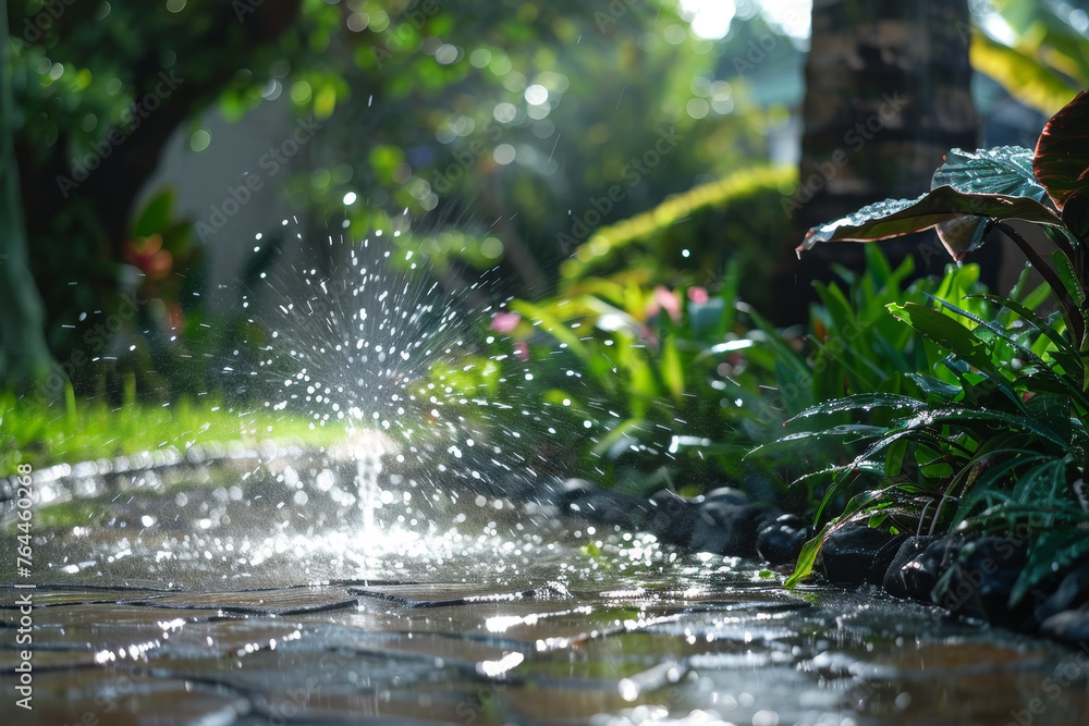 Fototapeta premium A water leak in a garden, with water spraying from a hose.