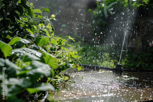 A water leak in a garden, with water spraying from a hose.