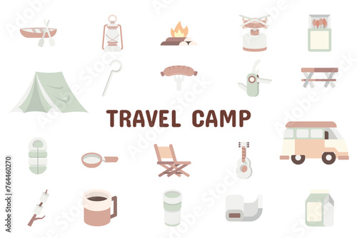 Travel Camp Flat Vector Illustration Icon Sticker Set Design Materials