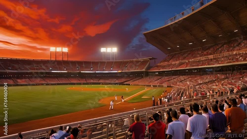 Game at a baseball stadium glowing in the sunset.
