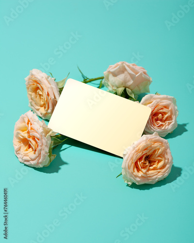 Rose greetings, gift card, romantic holiday congratulations.