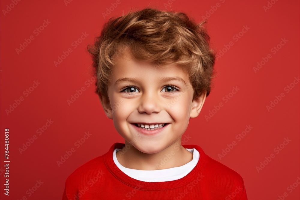 Portrait of a smiling little boy on a red background. Kid's emotions. Portrait of a smiling little boy on a red background. Kid's emotions.