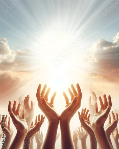 Multiple hands raised upwards to the sky, religious message concept