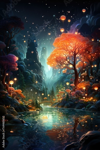 River flowing among trees and lanterns in a dark forest at midnight