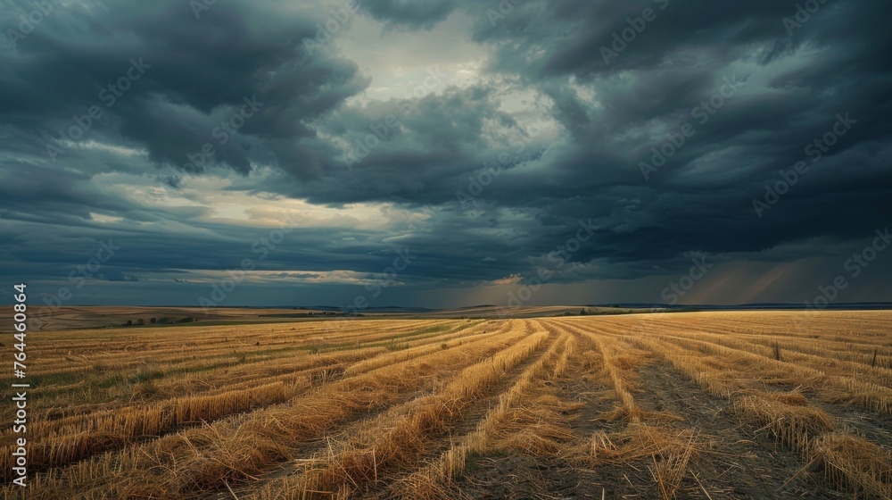 A stormy sky looms above a landscape of desolation where the only remnants of life are the tered remnants of flattened browned crops.