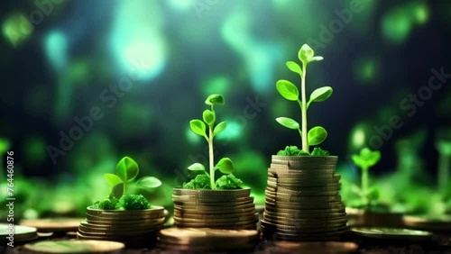 Sprouts Growing on Coin Stacks. Looping. Green Business, Growth, Recycling, Renewable Energy, Environmental Consciousness Concept. Animated Background photo