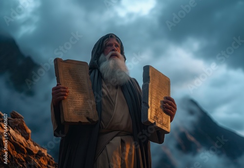 Generative AI of Moses Holding the Ten Commandments concept for Biblical Revelation, Divine Law and Faith, Spiritual Morality, and Religious Heritage
