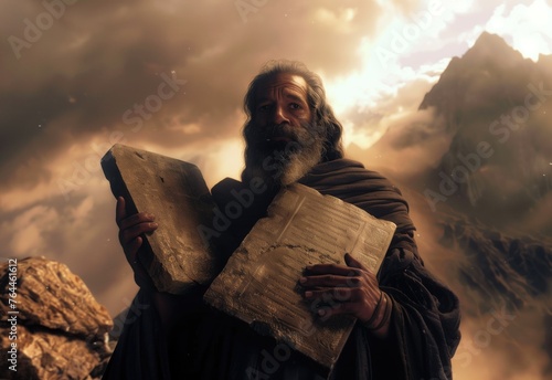 Generative AI of Moses Carrying the Commandments concept for Spiritual Responsibility, The Lawgiver's Burden, Biblical Commandments, and Religious Awakening photo