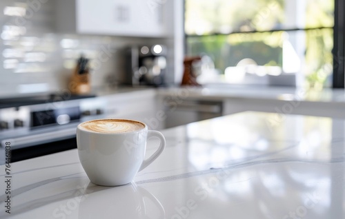 A steaming cup of coffee sits on a white marble countertop  surrounded by roasted beans  in a modern kitchen setting with soft lighting