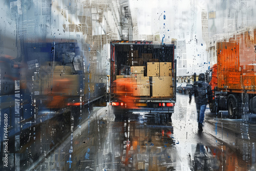 An abstract image of movers unloading boxes from a container truck in the rain. photo