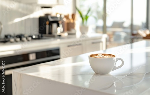 A steaming cup of coffee sits on a white marble countertop  surrounded by roasted beans  in a modern kitchen setting with soft lighting