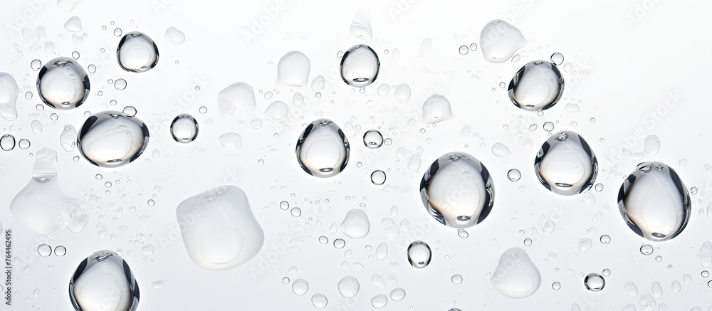 A detailed view of numerous water droplets collected on a plain white surface