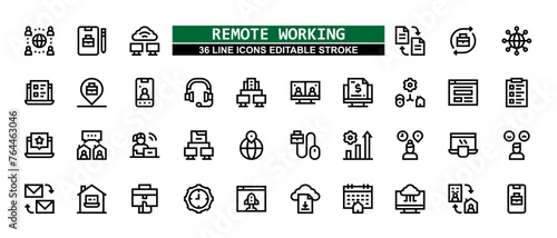 36 Remote Working Line Icons Set Pack Editable Stroke Vector Illustration.