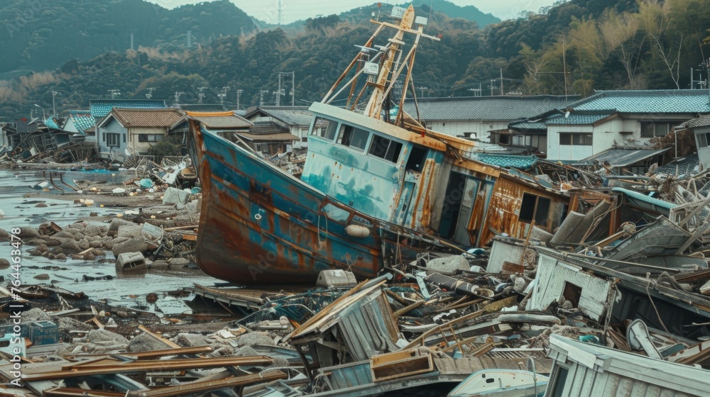 The once picturesque coastline has been transformed into a tangled mess of overturned boats tered homes and debris in the aftermath of a relentless tsunami.
