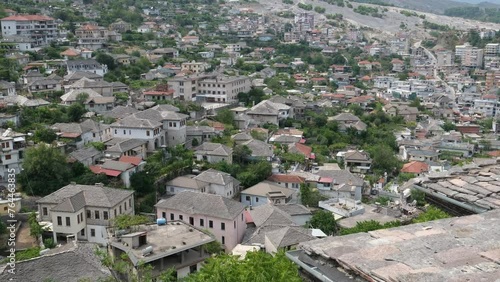 City of Gjirokaster in Southern Albania. Old Town is a UNESCO World Heritage Site. Closeup of Architectural Buildings. photo